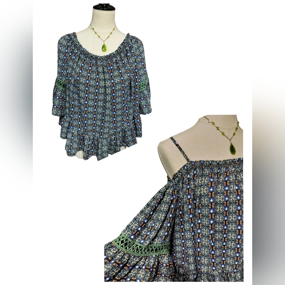 2545) My Michelle Multicolor Off Shoulder Lace Ruffle Boho  Blouse Size Medium